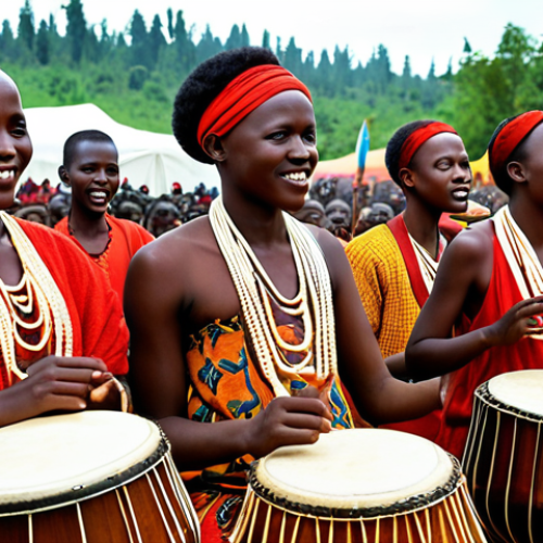 Home 15 **
Prompt: A vibrant, lively scene from a Rwandan music festival, focusing on the energy and enthusiasm of young musicians performing traditional instruments, seamlessly blended with modern musical elements. Capture the fusion of old and new, showcasing the cultural pride and joy.
**