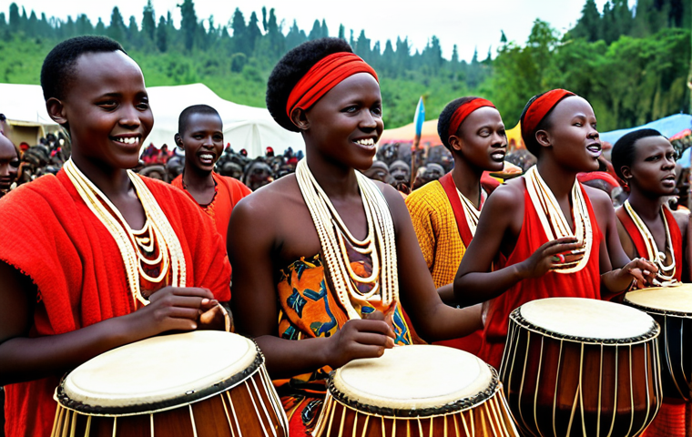 **
Prompt: A vibrant, lively scene from a Rwandan music festival, focusing on the energy and enthusiasm of young musicians performing traditional instruments, seamlessly blended with modern musical elements. Capture the fusion of old and new, showcasing the cultural pride and joy.
**