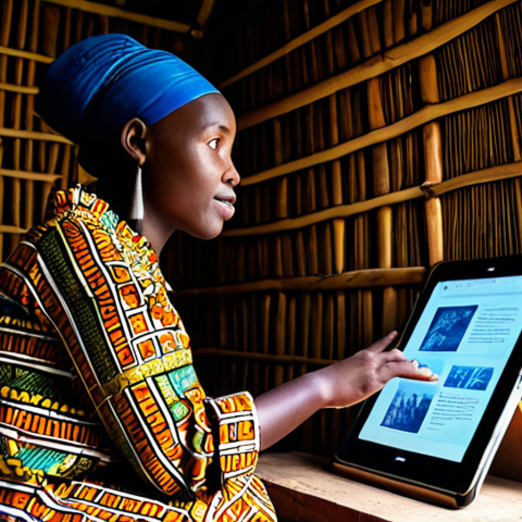 A young Rwandan woman, fully clothed in a vibrant, modest African print dress, sits attentively inside a beautifully crafted traditional Rwandan hut. She holds a tablet, viewing a digital exhibit of historical artifacts, her face lit by the screen, representing the intersection of modern technology and ancient heritage. The hut's interior features intricate woven patterns and traditional tools. Appropriate attire, safe for work, family-friendly, perfect anatomy, correct proportions, natural pose, well-formed hands, proper finger count, natural body proportions, professional photography, high quality.