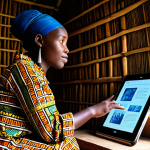 A young Rwandan woman, fully clothed in a vibrant, modest African print dress, sits attentively inside a beautifully crafted traditional Rwandan hut. She holds a tablet, viewing a digital exhibit of historical artifacts, her face lit by the screen, representing the intersection of modern technology and ancient heritage. The hut's interior features intricate woven patterns and traditional tools. Appropriate attire, safe for work, family-friendly, perfect anatomy, correct proportions, natural pose, well-formed hands, proper finger count, natural body proportions, professional photography, high quality.