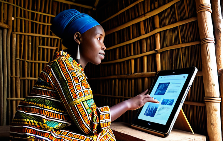A young Rwandan woman, fully clothed in a vibrant, modest African print dress, sits attentively inside a beautifully crafted traditional Rwandan hut. She holds a tablet, viewing a digital exhibit of historical artifacts, her face lit by the screen, representing the intersection of modern technology and ancient heritage. The hut's interior features intricate woven patterns and traditional tools. Appropriate attire, safe for work, family-friendly, perfect anatomy, correct proportions, natural pose, well-formed hands, proper finger count, natural body proportions, professional photography, high quality.