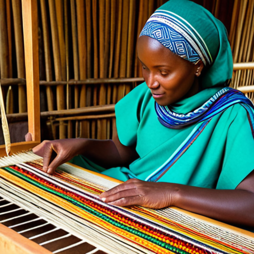 A skilled Rwandan artisan, a woman, dressed in modest, colorful traditional attire, seated and meticulously weaving intricate patterns on a traditional wooden loom in a warm, naturally lit workshop space. Lush green foliage and simple, traditional architecture are in the soft background. Close-up on her hands and the partially woven textile, showcasing earthy and vibrant natural dye colors. The fabric displays geometric symbols of prosperity and cultural identity. Professional photography, high-resolution, sharp focus, perfect anatomy, correct proportions, natural pose, well-formed hands, proper finger count, natural body proportions, fully clothed, modest clothing, appropriate attire, professional dress, safe for work, appropriate content, family-friendly.