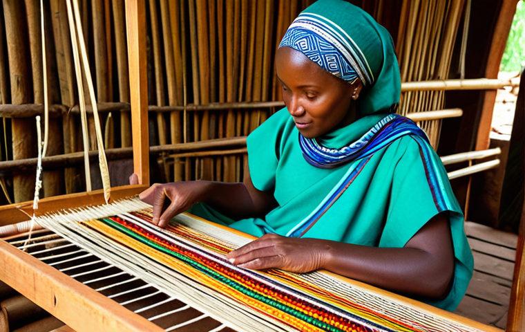 A skilled Rwandan artisan, a woman, dressed in modest, colorful traditional attire, seated and meticulously weaving intricate patterns on a traditional wooden loom in a warm, naturally lit workshop space. Lush green foliage and simple, traditional architecture are in the soft background. Close-up on her hands and the partially woven textile, showcasing earthy and vibrant natural dye colors. The fabric displays geometric symbols of prosperity and cultural identity. Professional photography, high-resolution, sharp focus, perfect anatomy, correct proportions, natural pose, well-formed hands, proper finger count, natural body proportions, fully clothed, modest clothing, appropriate attire, professional dress, safe for work, appropriate content, family-friendly.