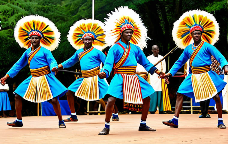 A group of Rwandan male Intore dancers, fully clothed in magnificent, vibrant traditional costumes featuring long, flowing fiber headpieces reminiscent of lion manes and decorated ceremonial shields. They are captured mid-dynamic movement on a simple outdoor stage, performing powerful and elegant warrior dance steps, embodying strength and cultural pride. The background shows a lively cultural festival atmosphere under natural lighting. Perfect anatomy, correct proportions, natural pose, well-formed hands, proper finger count, natural body proportions, safe for work, appropriate content, fully clothed, professional, high quality, professional photography, family-friendly.
