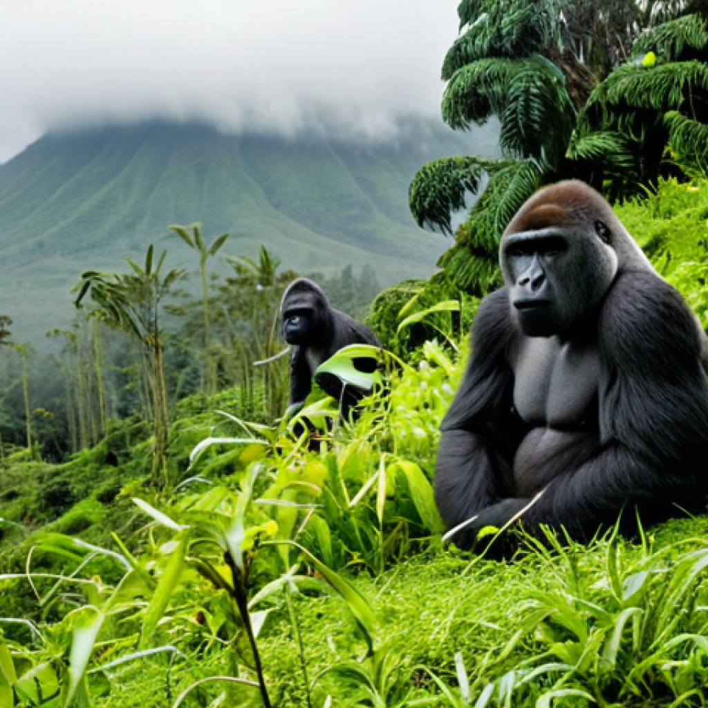 Volcanoes National Park - Gorilla Tracking**
"A wide shot of a lush, green jungle scene in Volcanoes National Park, Rwanda. A family of mountain gorillas, including a mother and baby, are visible in a clearing. A small group of fully clothed tourists, with appropriate attire, observe them from a respectful distance. Mist hangs in the air, creating a sense of mystery. Perfect anatomy, correct proportions, natural pose, well-formed hands, proper finger count, natural body proportions, professional photography, high quality, safe for work, appropriate content, fully clothed, modest, family-friendly."
**