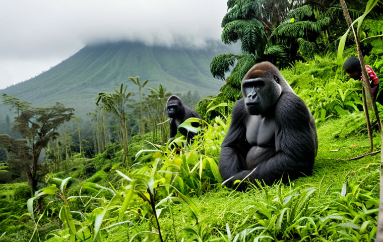 Volcanoes National Park - Gorilla Tracking**
"A wide shot of a lush, green jungle scene in Volcanoes National Park, Rwanda. A family of mountain gorillas, including a mother and baby, are visible in a clearing. A small group of fully clothed tourists, with appropriate attire, observe them from a respectful distance. Mist hangs in the air, creating a sense of mystery. Perfect anatomy, correct proportions, natural pose, well-formed hands, proper finger count, natural body proportions, professional photography, high quality, safe for work, appropriate content, fully clothed, modest, family-friendly."
**