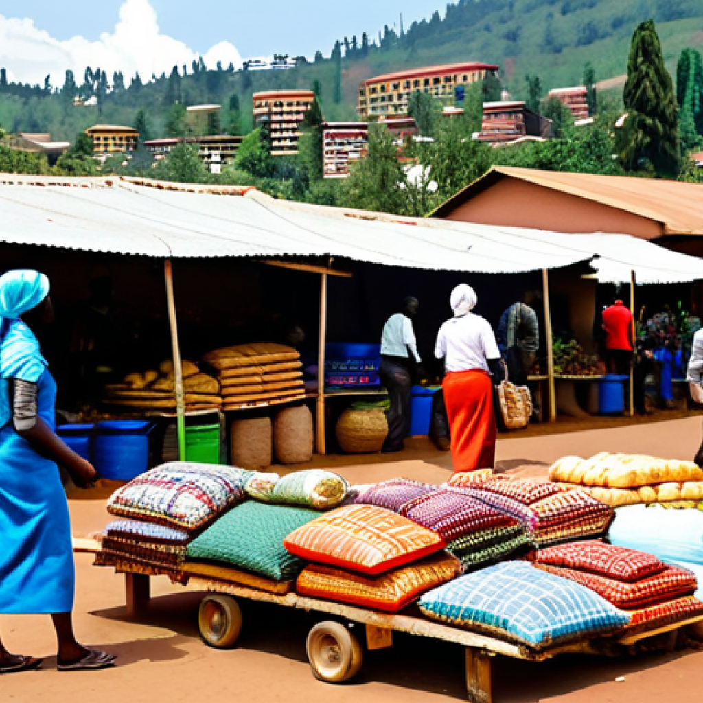 **

"A bustling marketplace in Kigali, Rwanda, showcasing local produce and crafts. Focus on vibrant colors, diverse textures of textiles and woven goods, and the energy of the vendors and shoppers. In the background, modern buildings blend with traditional architecture. Include elements of sustainable practices such as reusable bags and organically grown food. High resolution, realistic style, emphasizing the economic vibrancy and cultural richness of Rwanda. Safe for work, appropriate content, fully clothed, professional, modest."

**