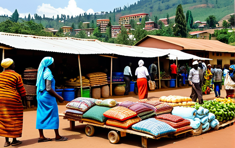 **
"A bustling marketplace in Kigali, Rwanda, showcasing local produce and crafts. Focus on vibrant colors, diverse textures of textiles and woven goods, and the energy of the vendors and shoppers. In the background, modern buildings blend with traditional architecture. Include elements of sustainable practices such as reusable bags and organically grown food. High resolution, realistic style, emphasizing the economic vibrancy and cultural richness of Rwanda. Safe for work, appropriate content, fully clothed, professional, modest."
**