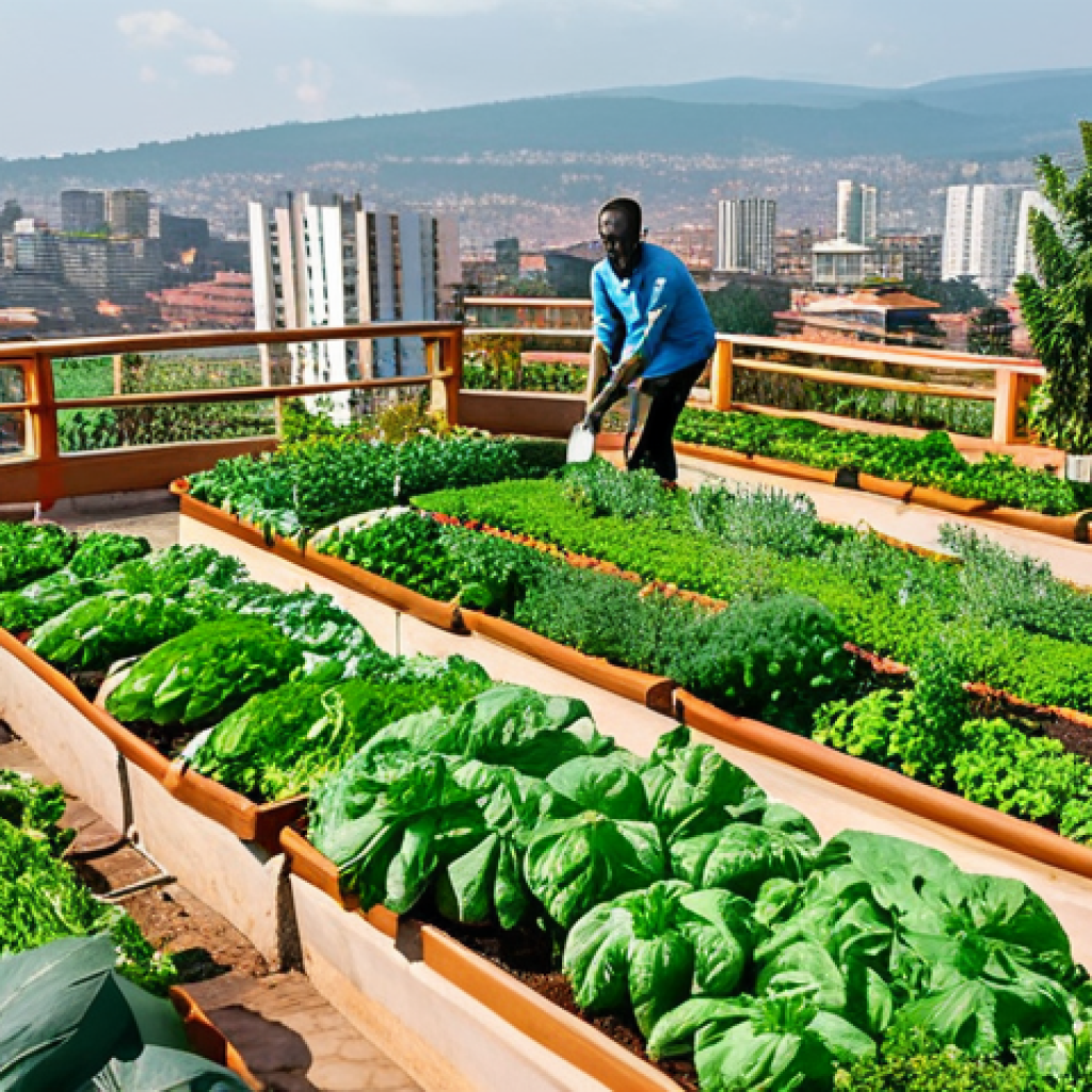 Kigali Rooftop Garden**

"A vibrant rooftop garden in Kigali, Rwanda, filled with lush green vegetables and herbs. Fully clothed people are tending to the plants, using watering cans. In the background, the city skyline is visible. Safe for work, appropriate content, fully clothed, perfect anatomy, natural proportions, professional, high quality, family-friendly."

**