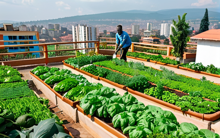 Kigali Rooftop Garden**
"A vibrant rooftop garden in Kigali, Rwanda, filled with lush green vegetables and herbs. Fully clothed people are tending to the plants, using watering cans. In the background, the city skyline is visible. Safe for work, appropriate content, fully clothed, perfect anatomy, natural proportions, professional, high quality, family-friendly."
**