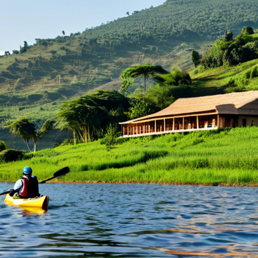 **

"A scenic view of Amahoro Eco Lodge nestled on the shores of Lake Muhazi, Rwanda. Fully clothed tourists are kayaking on the calm lake under a clear sky. Lush green hills surround the lodge. The architecture utilizes local materials and blends seamlessly with the environment. Safe for work, appropriate content, professional photography, perfect anatomy, correct proportions, natural light, high resolution, family-friendly, modest."

**