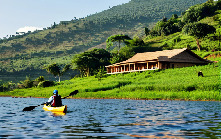 **

"A scenic view of Amahoro Eco Lodge nestled on the shores of Lake Muhazi, Rwanda. Fully clothed tourists are kayaking on the calm lake under a clear sky. Lush green hills surround the lodge. The architecture utilizes local materials and blends seamlessly with the environment. Safe for work, appropriate content, professional photography, perfect anatomy, correct proportions, natural light, high resolution, family-friendly, modest."

**