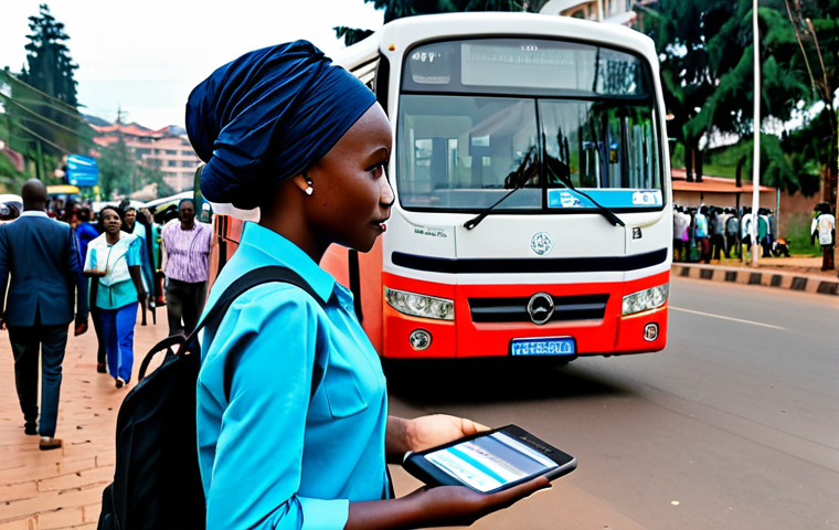 **
"A modern, fully clothed woman wearing modest business attire uses a mobile app to purchase a bus ticket in Kigali, Rwanda. A clean, modern bus is visible in the background. The scene depicts a bustling, safe city street with other pedestrians. Focus on the integration of technology and convenience in urban transport. Safe for work, appropriate content, professional, perfect anatomy, natural proportions, well-formed hands."
**