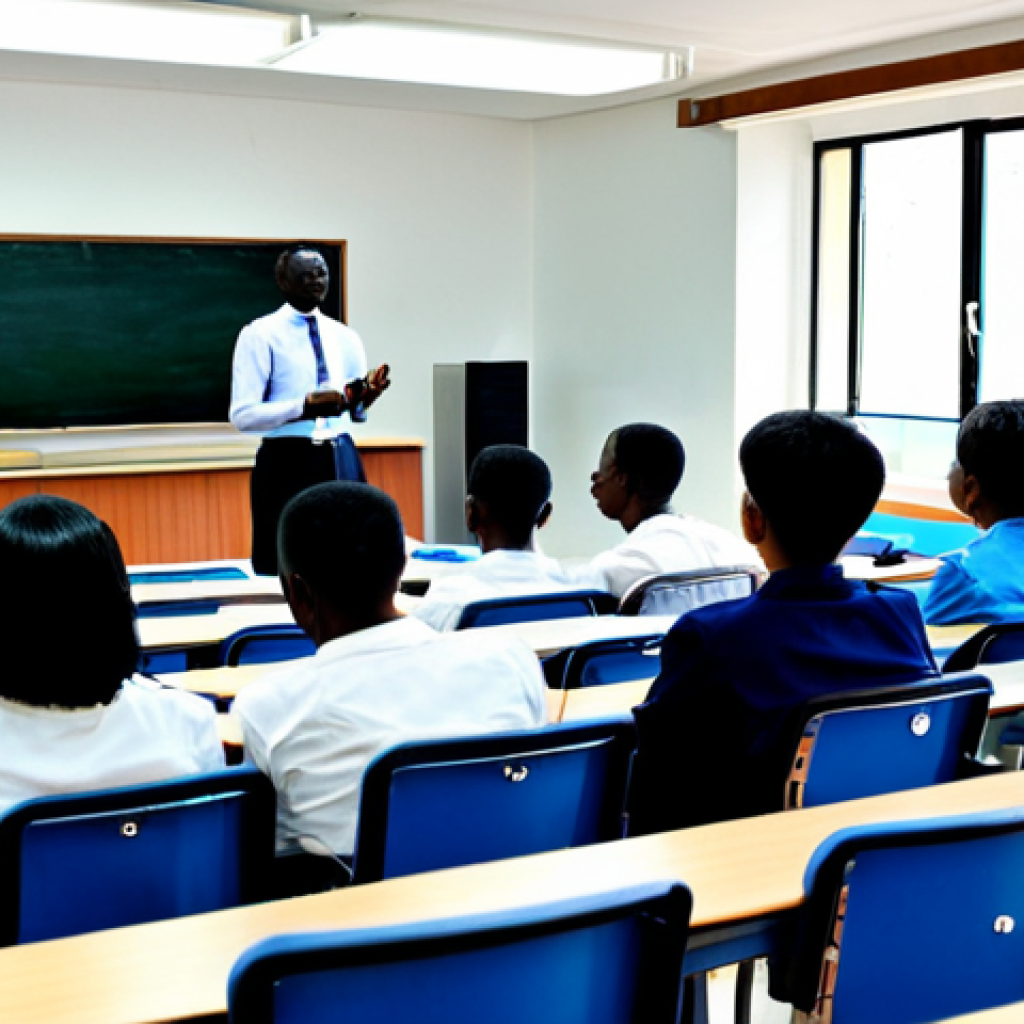 **Image Prompt:** A modern university classroom in Kigali, Rwanda, filled with students attentively listening to a guest lecturer from South Korea. The lecturer is demonstrating advanced technology on a smartboard. Students are in appropriate attire, fully clothed, safe for work, professional, perfect anatomy, natural proportions, high quality. The scene emphasizes collaboration and knowledge transfer.