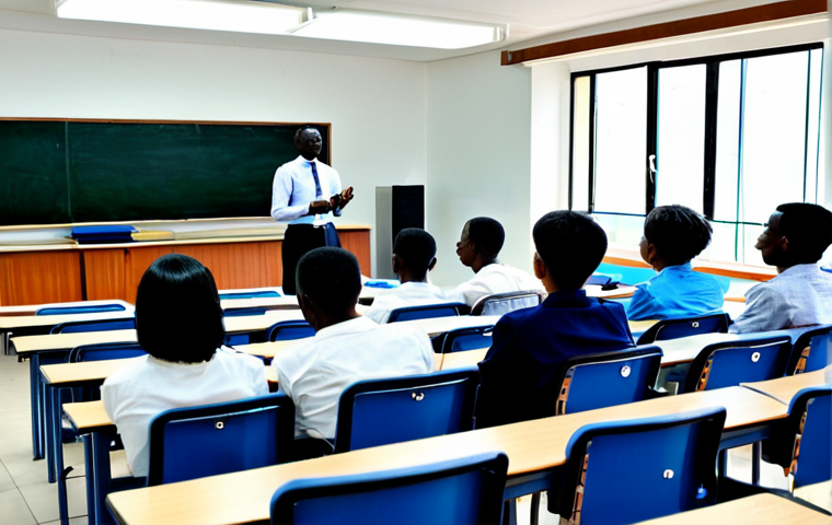 **Image Prompt:** A modern university classroom in Kigali, Rwanda, filled with students attentively listening to a guest lecturer from South Korea. The lecturer is demonstrating advanced technology on a smartboard. Students are in appropriate attire, fully clothed, safe for work, professional, perfect anatomy, natural proportions, high quality. The scene emphasizes collaboration and knowledge transfer.