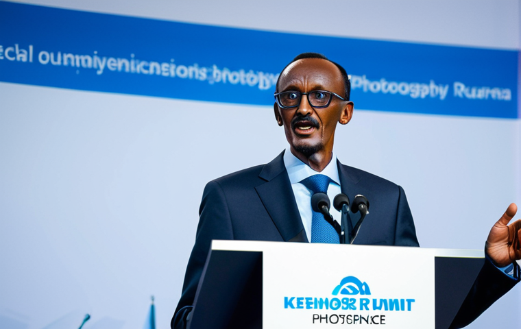 르완다의 주요 정치 인물 - Paul Kagame at a Tech Summit**

"President Paul Kagame giving a keynote speech at a technology summi...