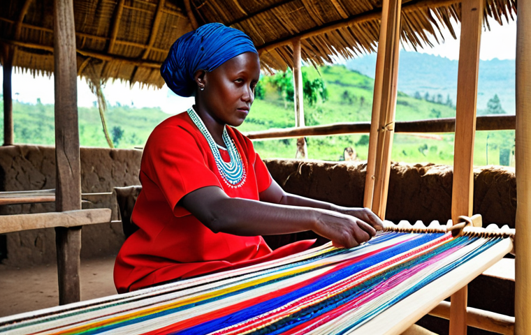 르완다 전통 직물 - Weaving Tradition**

"A Rwandan woman, fully clothed in traditional attire, expertly weaving a color...