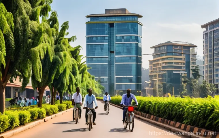 르완다와 콩고민주공화국 비교 - **Prompt:** A vibrant, futuristic street scene in Kigali, Rwanda, at golden hour. The city skyline f...