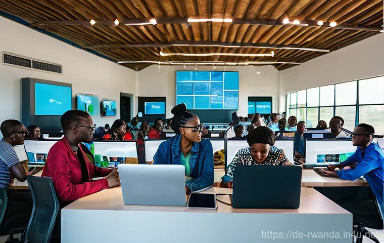 르완다 비즈니스 기회 - **Prompt:** A vibrant and dynamic scene inside a modern Rwandan tech hub. Young, diverse Rwandan men...