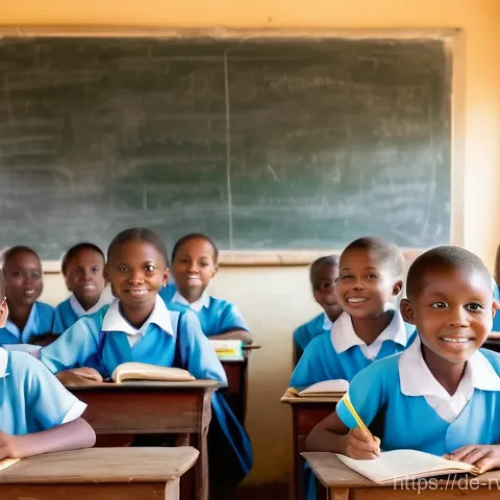 르완다의 주요 사회적 이슈 정리 - **"A vibrant and bustling Rwandan elementary school classroom scene. Approximately ten diverse child...