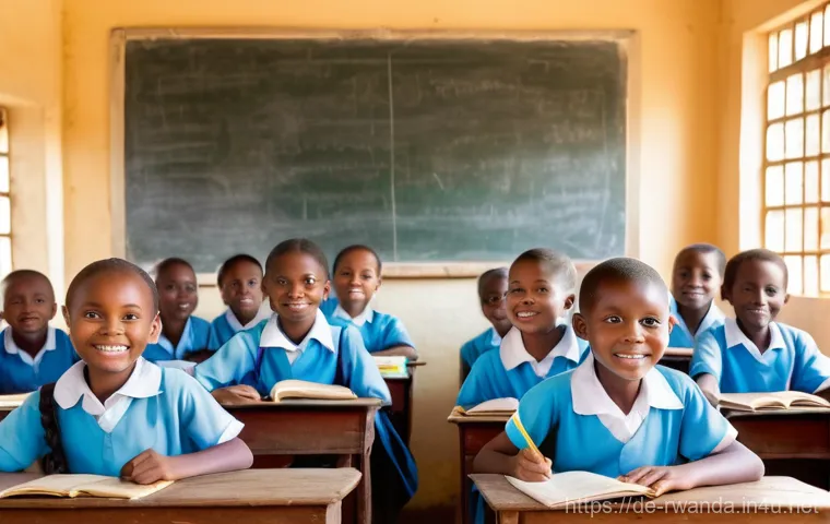 르완다의 주요 사회적 이슈 정리 - **"A vibrant and bustling Rwandan elementary school classroom scene. Approximately ten diverse child...