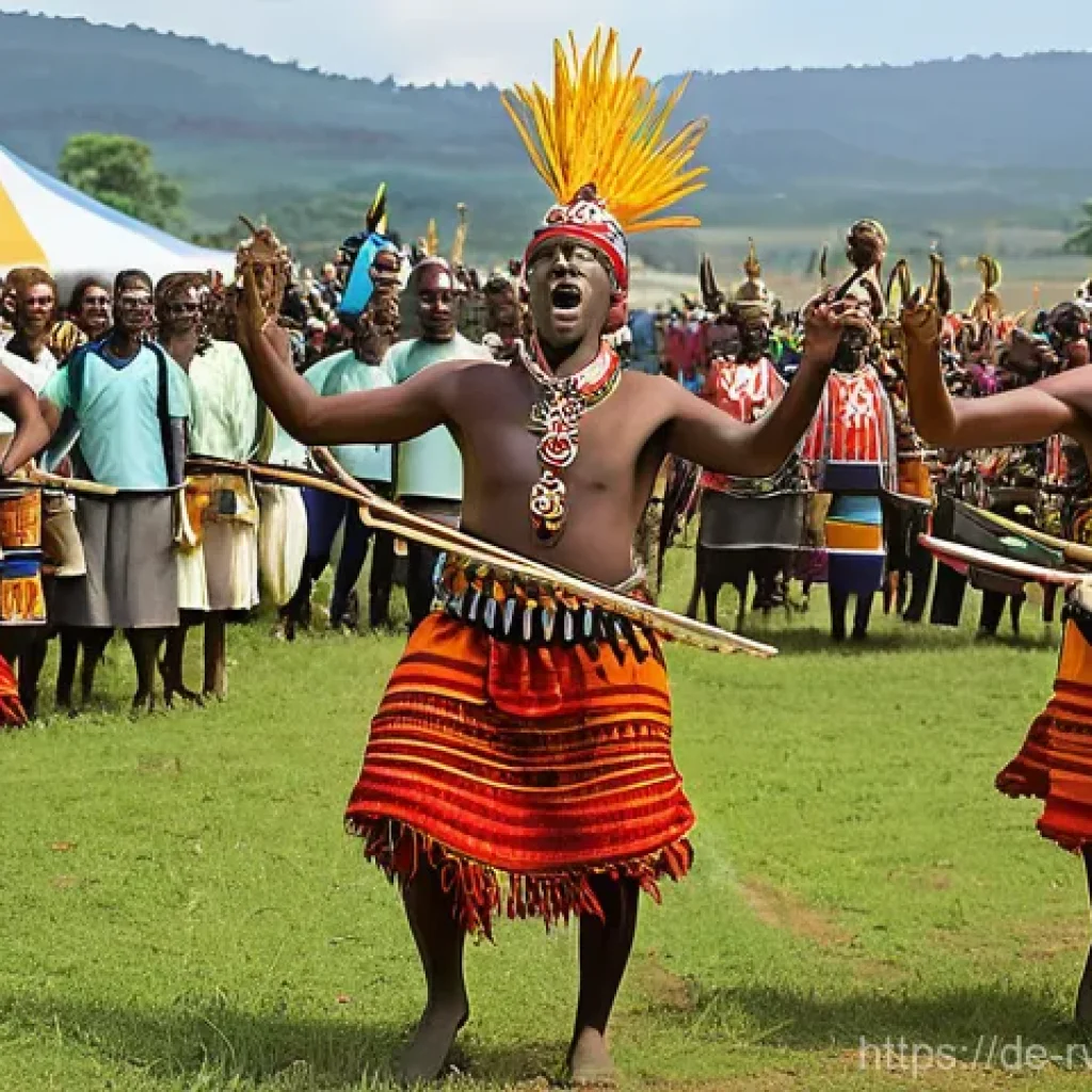 르완다 민속 음악 축제 - **A captivating scene of traditional Rwandan Intore dancers performing at an outdoor cultural festiv...