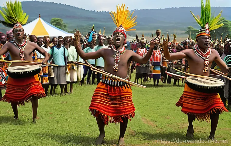 르완다 민속 음악 축제 - **A captivating scene of traditional Rwandan Intore dancers performing at an outdoor cultural festiv...