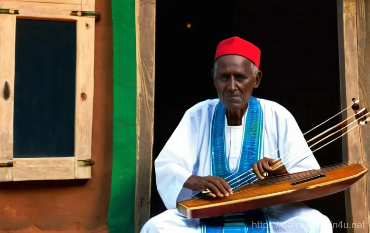 르완다 민속 음악 아카데미 - **Prompt:** A serene and captivating image depicting an elderly Rwandan master musician gently playi...