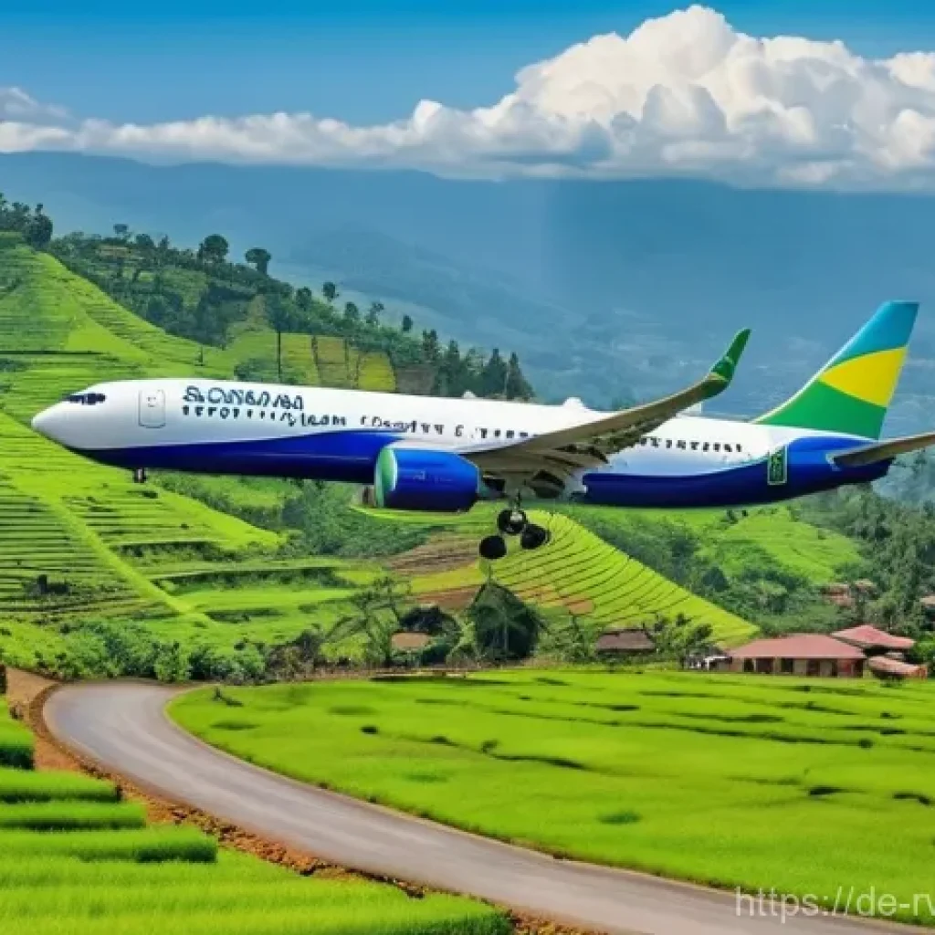 르완다에서의 민간 항공 산업 - **Prompt:** A sleek, modern RwandAir Airbus A330 or Boeing 737 aircraft soaring gracefully above the...