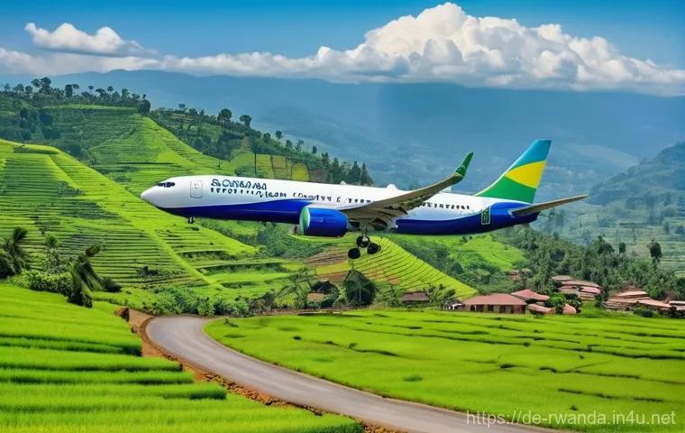 르완다에서의 민간 항공 산업 - **Prompt:** A sleek, modern RwandAir Airbus A330 or Boeing 737 aircraft soaring gracefully above the...