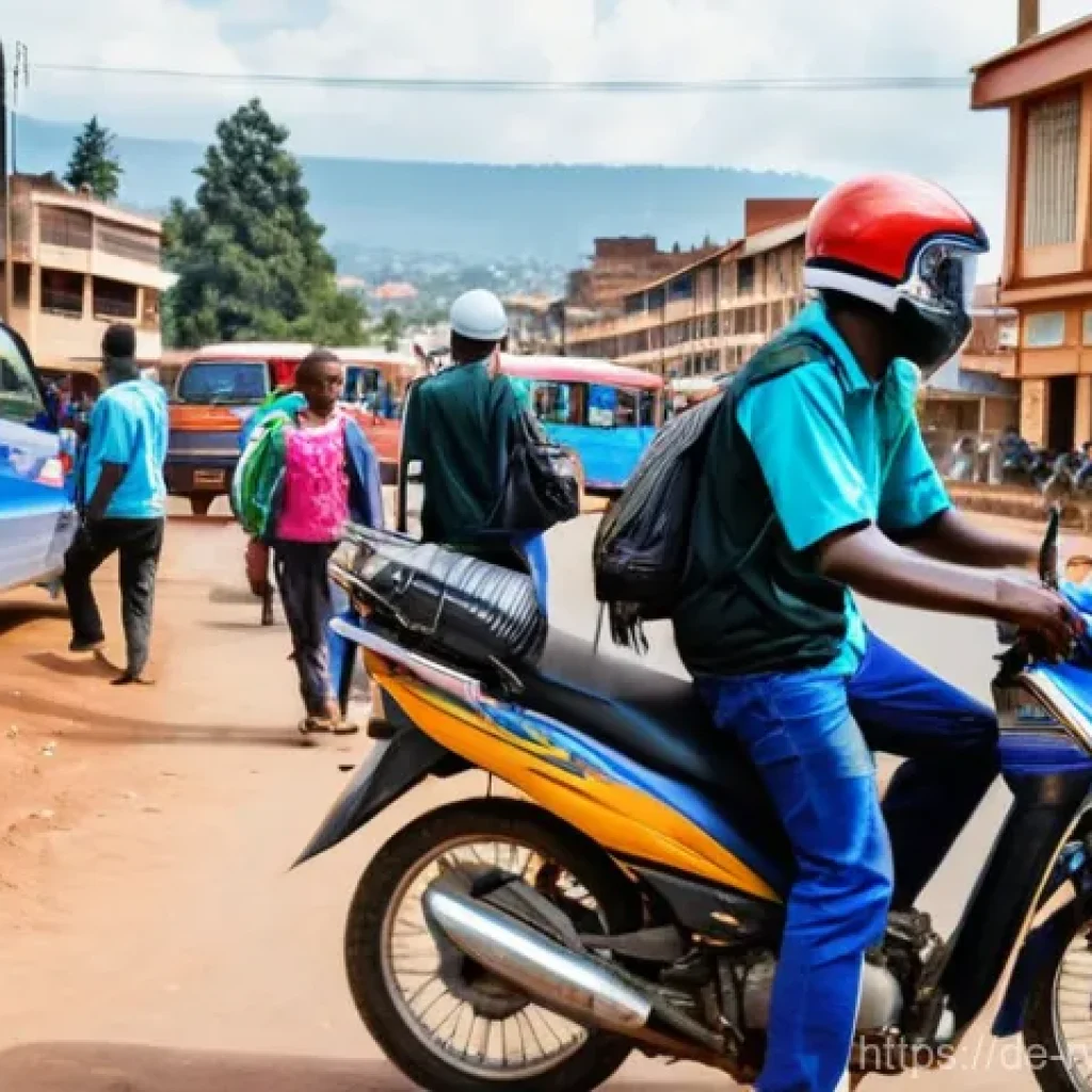 르완다에서의 대중교통 이용법 - **Kigali Moto Taxi Scene with Digital Payment**
    A dynamic and bustling street scene in Kigali, R...
