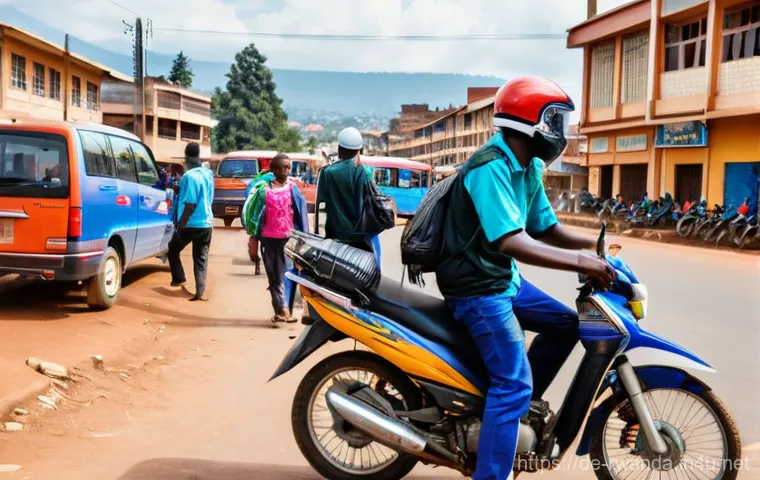 르완다에서의 대중교통 이용법 - **Kigali Moto Taxi Scene with Digital Payment**
    A dynamic and bustling street scene in Kigali, R...