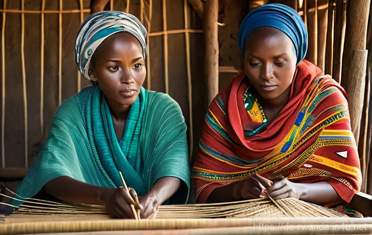 르완다 전통 직물 제작의 여성 참여율 - Vibrant Rwandan Textile Weavers**
A medium shot of two Rwandan women in their twenties and thirties,...