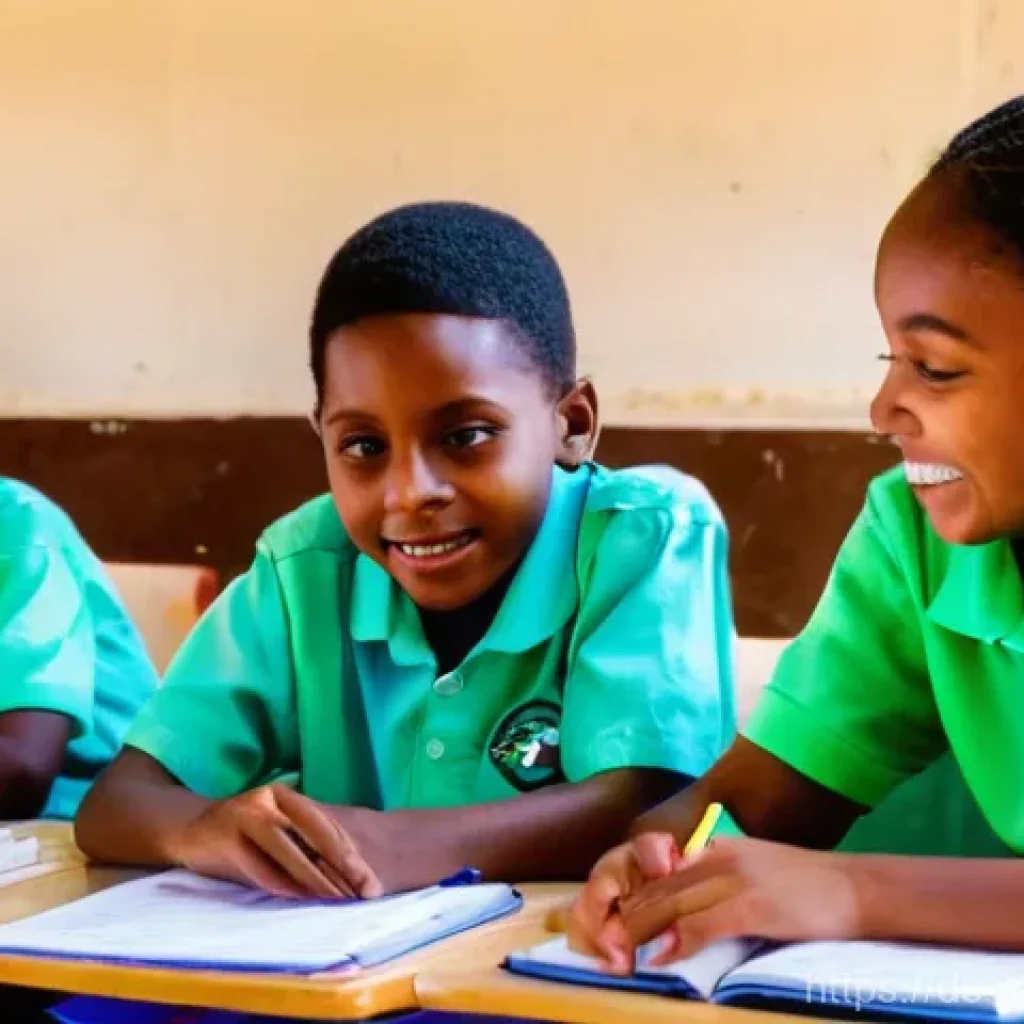 르완다 국제 학교 - **Prompt:** A vibrant, diverse classroom at an international school in Rwanda. Children aged 8-10 fr...