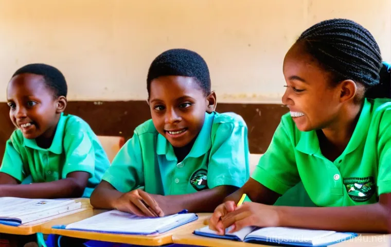 르완다 국제 학교 - **Prompt:** A vibrant, diverse classroom at an international school in Rwanda. Children aged 8-10 fr...