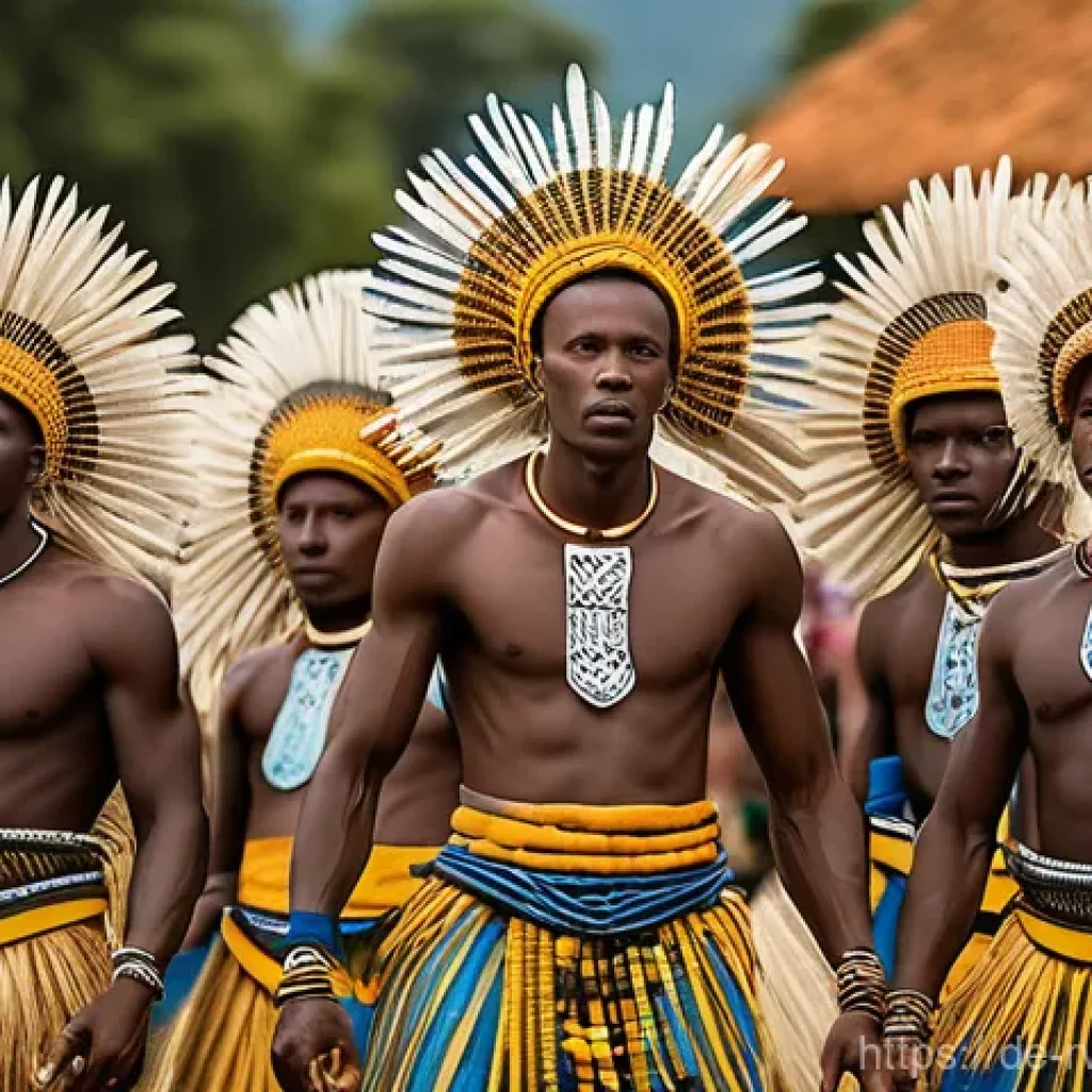 르완다 민속 춤의 주요 스타일과 특징 - **"A vibrant and majestic scene of Rwandan Intore dancers, young men performing the 'Dance of Heroes...