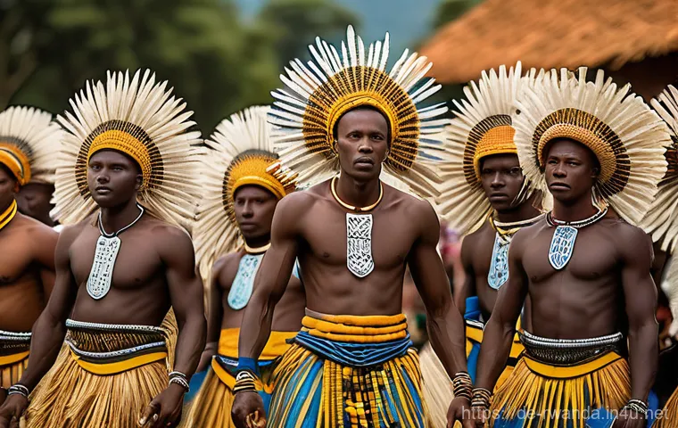 르완다 민속 춤의 주요 스타일과 특징 - **"A vibrant and majestic scene of Rwandan Intore dancers, young men performing the 'Dance of Heroes...