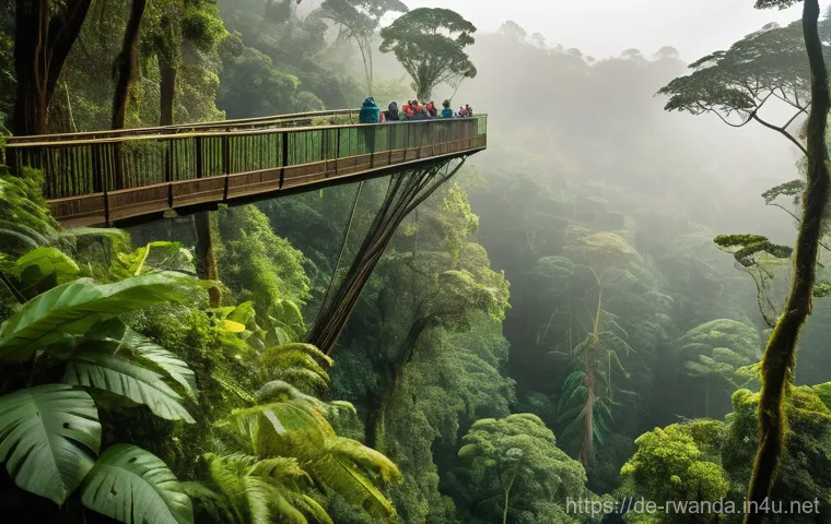 르완다의 주요 생태 관광 코스 - **Chimpanzee Encounter and Canopy Walk in Nyungwe Forest:** A breathtaking, misty morning scene in R...
