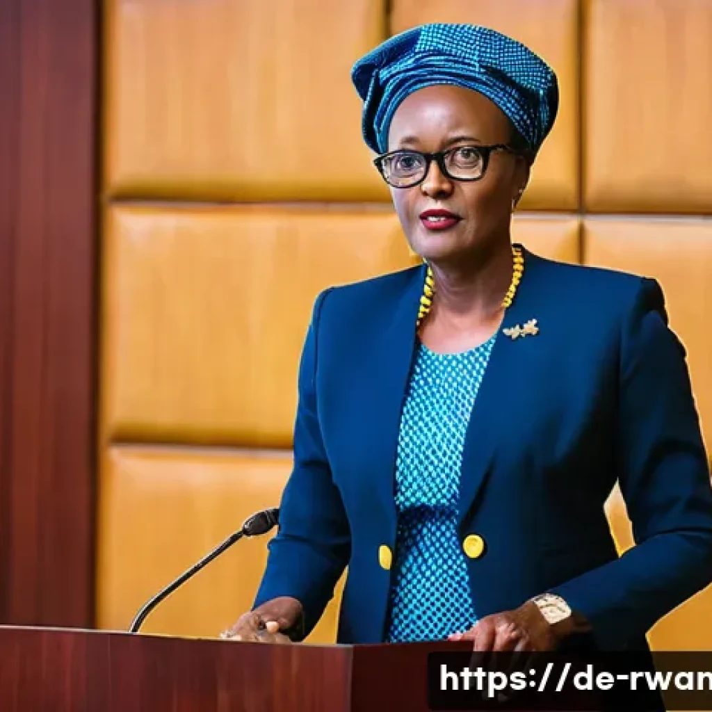 르완다 여성의 역할 - **Prompt: "A dignified and powerful Rwandan woman senator, in her late 40s to early 50s, standing co...