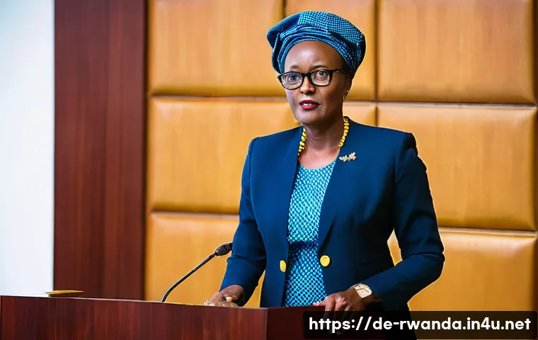르완다 여성의 역할 - **Prompt: "A dignified and powerful Rwandan woman senator, in her late 40s to early 50s, standing co...