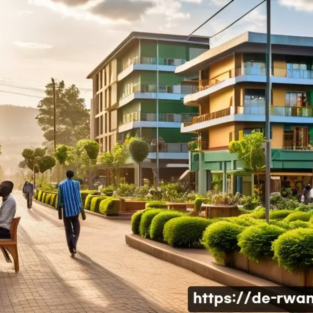르완다 주요 지역 소개 - **A vibrant, clean, and modern street scene in "Green City Kigali," Rwanda, at late afternoon.** Con...
