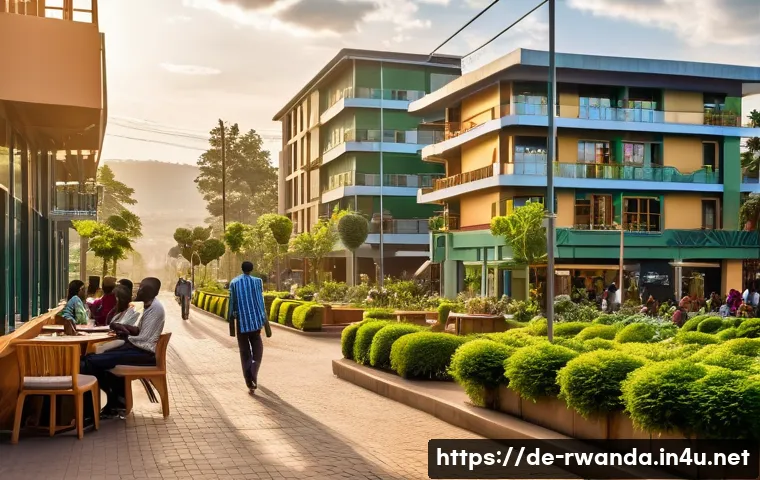 르완다 주요 지역 소개 - **A vibrant, clean, and modern street scene in "Green City Kigali," Rwanda, at late afternoon.** Con...