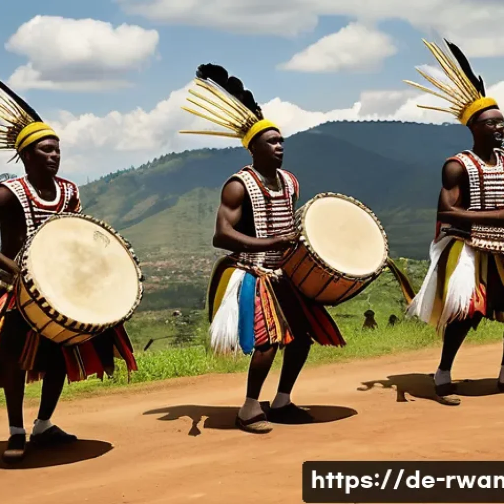르완다 민속 춤 공연 체험 - **Prompt 1: Majestic Intore Warriors Dancing**
A group of strong Rwandan male dancers, dressed i...