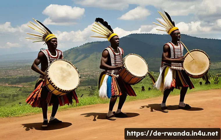 르완다 민속 춤 공연 체험 - **Prompt 1: Majestic Intore Warriors Dancing**
    A group of strong Rwandan male dancers, dressed i...