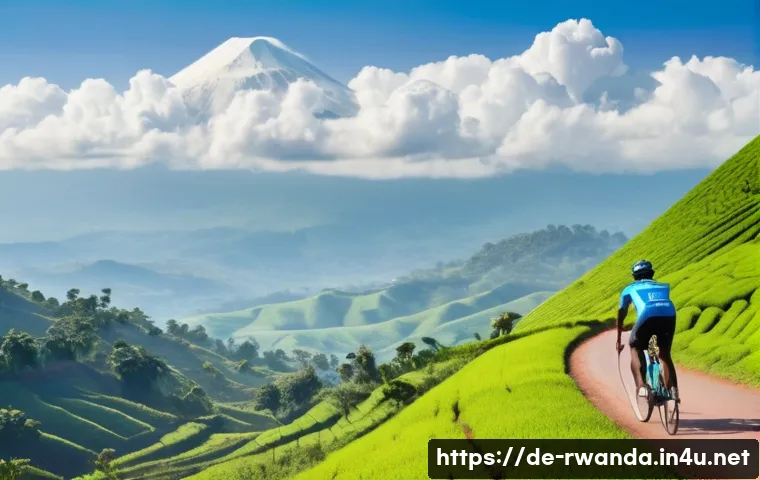 르완다에서 자전거 투어 - **Prompt 1: Cycling through Rwanda's Verdant Hills**
"A lone cyclist, wearing modern but modest ...