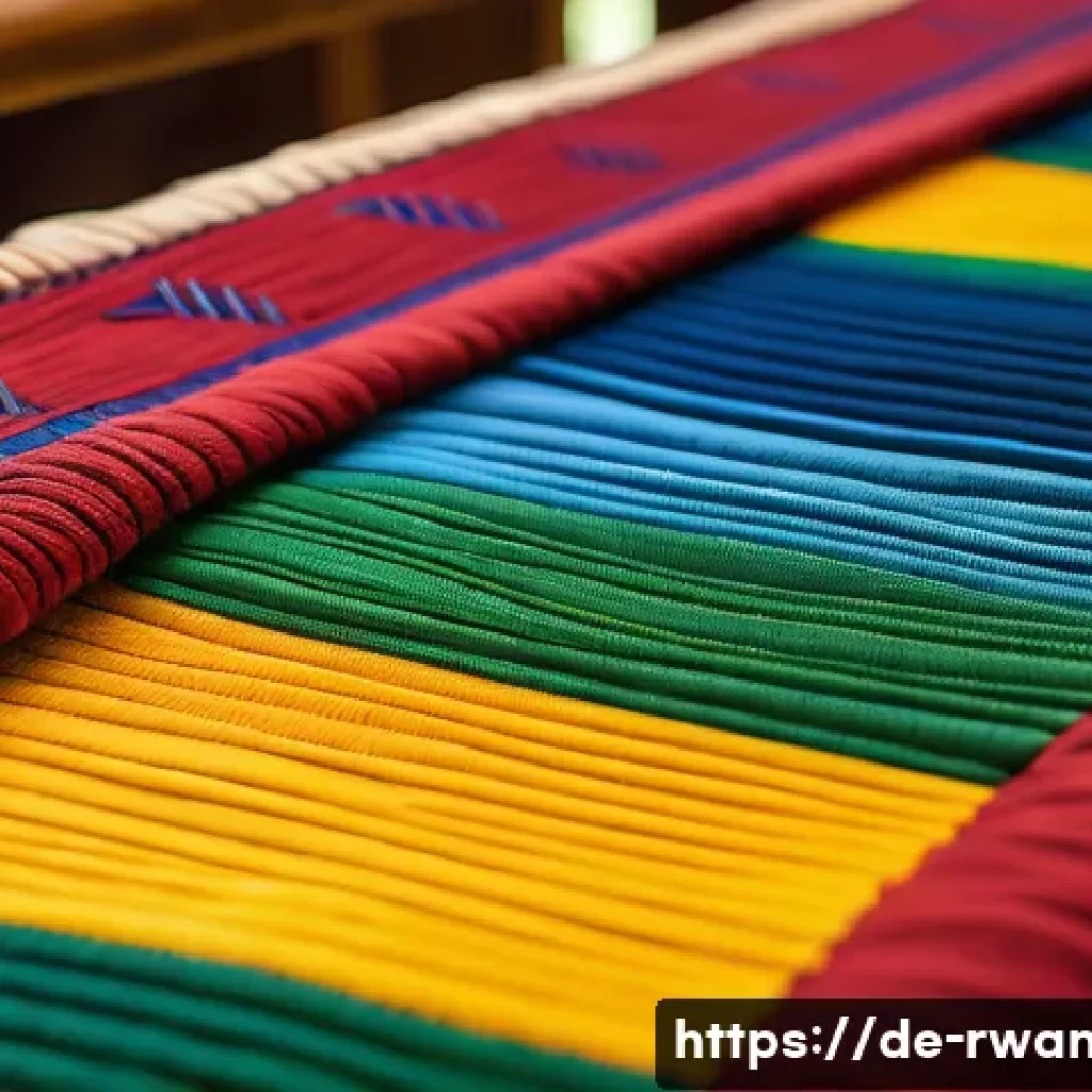 르완다 전통 직물의 색상과 패턴 - A vibrant Rwandan fabric display featuring traditional colors such as deep red symbolizing courage a...