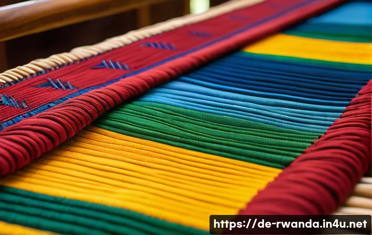 르완다 전통 직물의 색상과 패턴 - A vibrant Rwandan fabric display featuring traditional colors such as deep red symbolizing courage a...