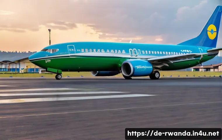 르완다 항공편 정보 - A modern Rwanda Airways Boeing 737 aircraft taxiing on the runway of Kigali International Airport du...
