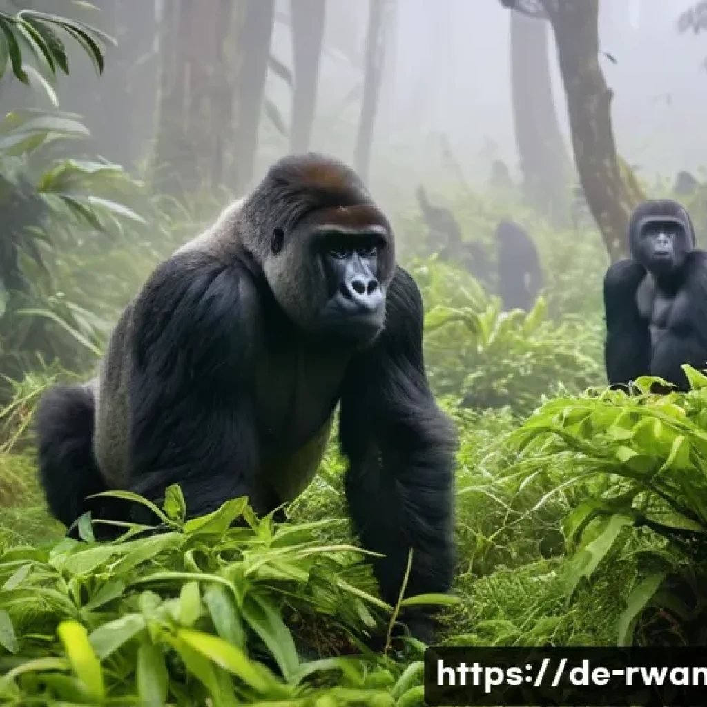 르완다의 주요 공원 - A serene scene deep in the misty Volcanoes National Park of Rwanda, featuring a family group of maje...