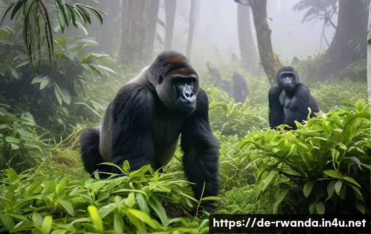 르완다의 주요 공원 - A serene scene deep in the misty Volcanoes National Park of Rwanda, featuring a family group of maje...
